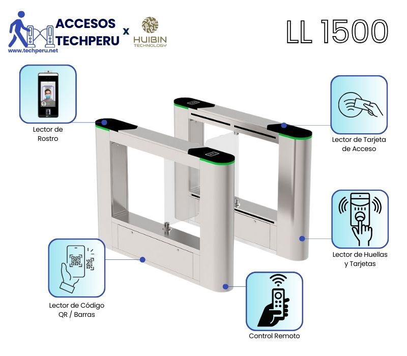 Lector de Huellas QR Codigo de barras Rostro con Molinete SWING Abatible acceso peatonal - Soluciones TechPeru